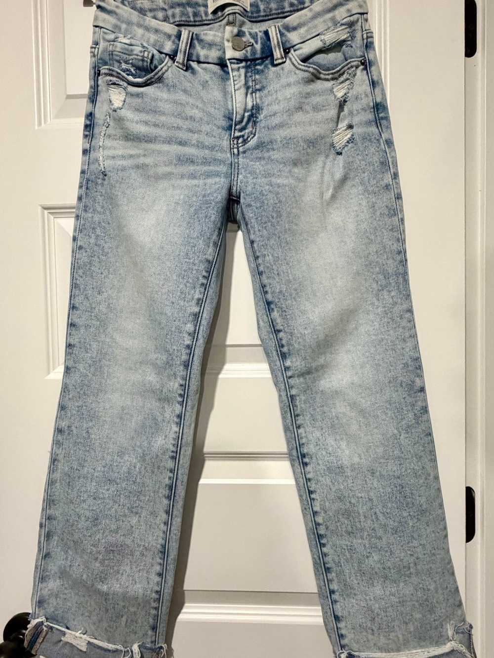 BKE Light Blue Straight Leg Jeans with Distressing